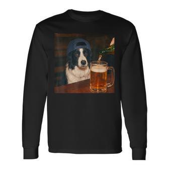 Border Collie Drinking Beer Fathers Day Dog Meme Long Sleeve T-Shirt - Thegiftio UK