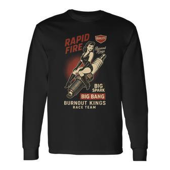 Burnout Kings レトロレーシングスパークプラグガールピンナップ ヴィンテージデザイン 長袖Tシャツ - Kawaiitshirt