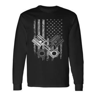 Car Mechanic Piston Us Flag Auto Engine Patriot Garage Guy Long Sleeve T-Shirt - Thegiftio UK