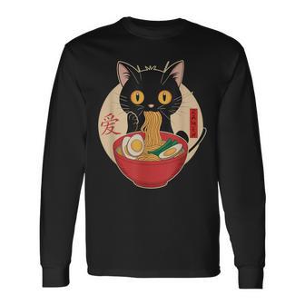 Cat Eating Ramen Noodles Kawaii Japanese Anime Cat Long Sleeve T-Shirt - Thegiftio