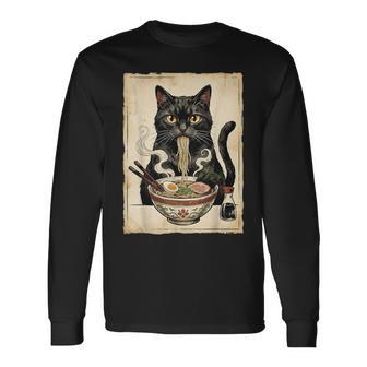 Cat Ramen Japanische Kunst Nudeln Kawaii Anime Cat Eating Ramen Langarmshirts - Seseable