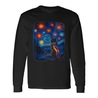 Cat Starry Night Van Gogh 4Th Of July Patriotic Cat Lover Long Sleeve T-Shirt - Thegiftio UK