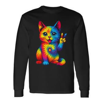 Cat Tie Dye Peace Sign Hippie Cats Lovers Cute Cat Long Sleeve T-Shirt - Thegiftio UK