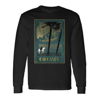 Caucasas Caucasus Mountains レトロ ヴィンテージ 馬 ライダー 長袖Tシャツ - Kawaiitshirt