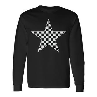 Checkered Star Black And White Racing Checkerboard Long Sleeve T-Shirt - Thegiftio UK