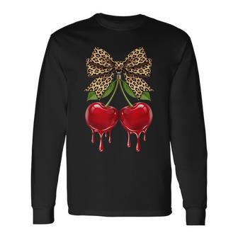 Cherry Leopard Coquette Bow Cute Cherries Fruits Long Sleeve T-Shirt - Thegiftio UK
