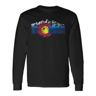 Colorado Flag Mountains Distressed Vintage Style Graphic Long Sleeve T-Shirt - Thegiftio UK
