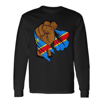 Congo Flag Republic Of Congo Drc Handfist Congolese Roots Long Sleeve T-Shirt - Thegiftio UK