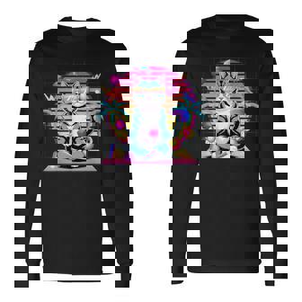 Cool Cat 瞑想 ヴェイパーウェーブ 80年代 レトロ シンセウェーブ 長袖Tシャツ - Kawaiitshirt