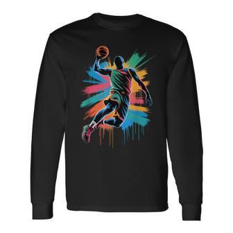 Cool Drip Basketball Slam Dunk Colorful Dunking Silhouette Long Sleeve T-Shirt - Thegiftio UK