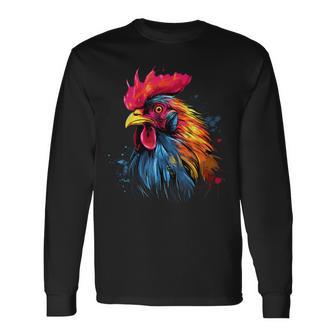 Cool Rooster On Colorful Painted Rooster Long Sleeve T-Shirt - Thegiftio UK