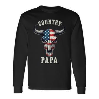 Country Papa Usa Flag Western Music Cowboy Rodeo Fathers Day Long Sleeve T-Shirt - Monsterry