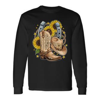Cowboy Boots Hat Sunflowers Western Rodeo Long Sleeve T-Shirt - Thegiftio UK