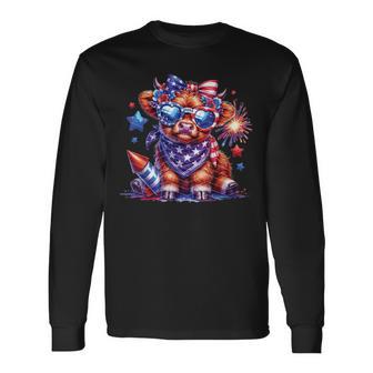 Cute Highland Cow Florals 4Th Of July Usa Flag Patriotic Cow Long Sleeve T-Shirt - Thegiftio