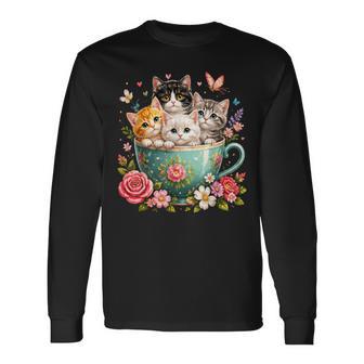 Cute Kittens In Teacup Flowers Cat Long Sleeve T-Shirt - Thegiftio UK