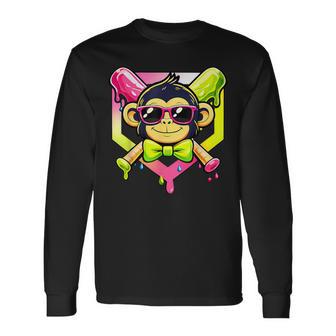 Cute Party Animals Baseball Monkey With Sunglasses Long Sleeve T-Shirt | Seseable UK