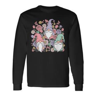 Cute Pastel Gnome Trio With Flowers Garden Lovers Christmas Long Sleeve T-Shirt - Monsterry