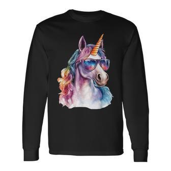 Cute Unicorn Wearing Sunglasses Graphic Long Sleeve T-Shirt | Mazezy