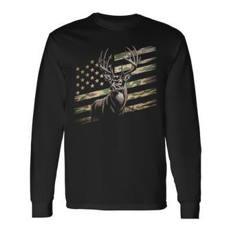 Deer Hunting Camo American Flag Buck Usa Long Sleeve T-Shirt - Thegiftio UK