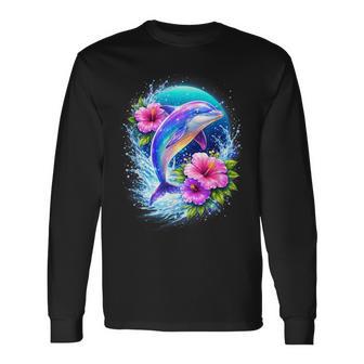 Dolphin Jumping In Ocean Flowers Tropical Sea Life Animal Long Sleeve T-Shirt - Thegiftio UK