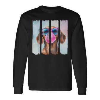 Doxie Dog Blowing Bubblegum Wearing Glasses Cute Dachshund Long Sleeve T-Shirt - Monsterry