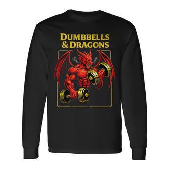 Dumbbells And Dragons Gym Nerd Deadlifts Dragons Rpg Workout Long Sleeve T-Shirt - Thegiftio UK
