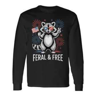 Feral And Free Raccoon Patriotic Usa America 4Th Of July Long Sleeve T-Shirt - Thegiftio UK
