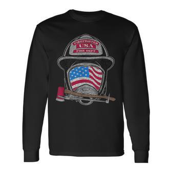 Firefighter Fireman Helmet American Flag Usa Vintage Graphic Long Sleeve T-Shirt - Thegiftio UK