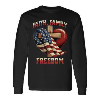 Flag With Cross Patriotic July 4Th Faith Family Freedom Long Sleeve T-Shirt - Thegiftio UK