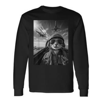 Flying Cat Selfie Fighter Pilot Meme Jet Fly Airplane Long Sleeve T-Shirt | Seseable UK