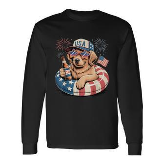 Fourth Of July Usa Dog With Beer And Flag Long Sleeve T-Shirt | Seseable UK