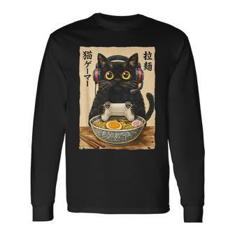 Cat Gamer Ramen Graphic Japanese Kawaii Anime Gaming Long Sleeve T-Shirt - Thegiftio