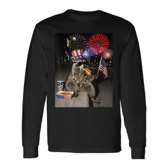 Feral Raccoon Eating Hot Dog Meme 4Th Of July Usa Long Sleeve T-Shirt - Thegiftio UK