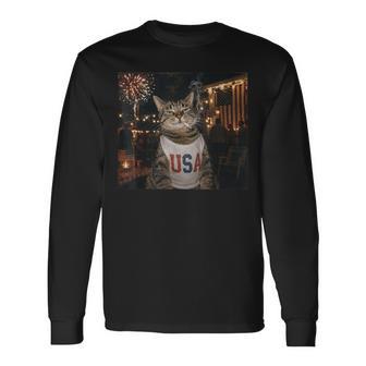 Patriotic Smoking Cat Fireworks 4Th Of July Usa Flag Long Sleeve T-Shirt - Thegiftio UK