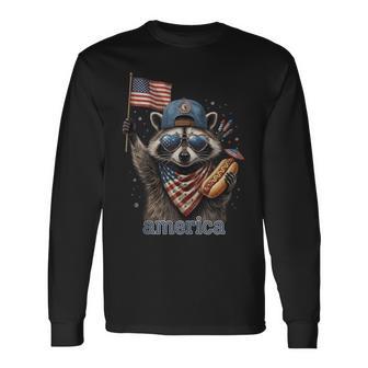 Raccoon Hot Dog American Flag 4Th Of July Long Sleeve T-Shirt - Thegiftio UK