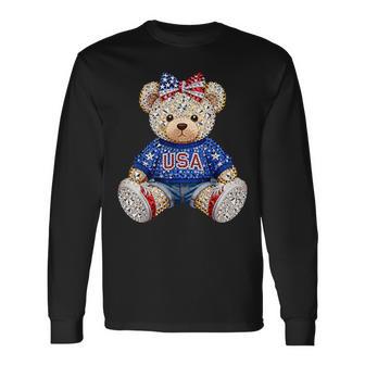 Girly 250 Years Of Freedom Teddy Bear Us Flag Anniversary Long Sleeve T-Shirt - Thegiftio UK