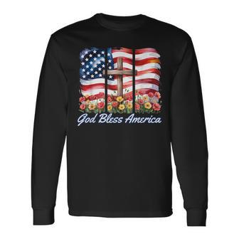 God Bless America Flag Cross Flowers Patriotic 4Th Of July Long Sleeve T-Shirt - Thegiftio UK