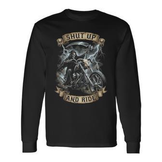 Grim Reaper オートバイ バイカー スケルトン シャット アップ アンド ライド 長袖Tシャツ - Kawaiitshirt