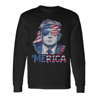 Happy 4Th Of July Donald Trump 'Merica Usa Flag Sunglass Long Sleeve T-Shirt - Thegiftio UK