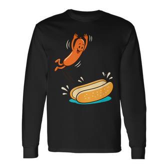 Hot Dog Jumping Into Bun Sausage Bbq High Dive Long Sleeve T-Shirt - Monsterry