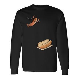 Hotdog Jumping Into Bun Bbq Long Sleeve T-Shirt - Monsterry