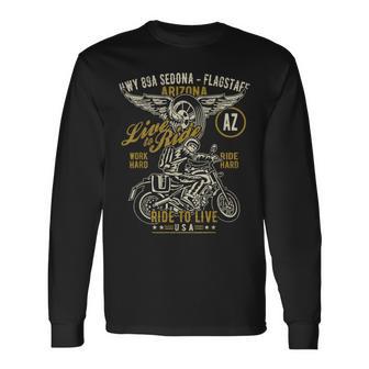 Hwy 89A セドナ フラッグスタッフ Azusa オートバイ アンティーク調デザイン 長袖Tシャツ - Kawaiitshirt