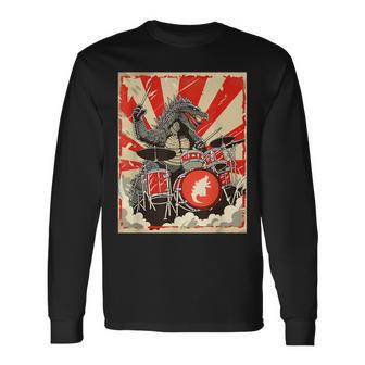 Japanese Monster Kaiju Smashing Drums Music Long Sleeve T-Shirt - Thegiftio UK