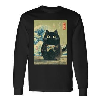 Japanischechwarze Gamer Catideospiele Great Wave Cat Dad Langarmshirts - Seseable