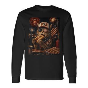 July 4Th Patriotic Cat 250 Eating Hotdog 250 Years Cat Lover Long Sleeve T-Shirt - Thegiftio UK