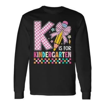 K Is For Kindergarten Back To School Pencil Bow Retro Long Sleeve T-Shirt - Thegiftio UK