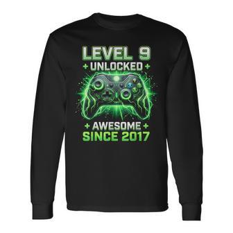 Level 9 Unlocked Awesome Since 2017 9Th Birthday Boy Gamer Long Sleeve T-Shirt - Thegiftio