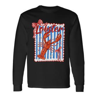 Lobster Red Bow Preppy Coquette Blue White Stripes Coastal Long Sleeve T-Shirt - Thegiftio UK