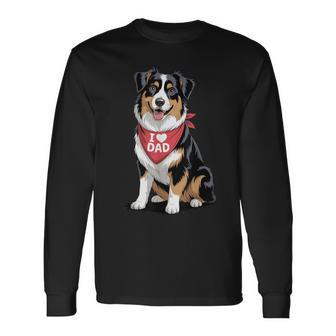 I Love Dad Black Tri Aussie Lover Australian Shepherd Dad Long Sleeve T-Shirt - Thegiftio UK