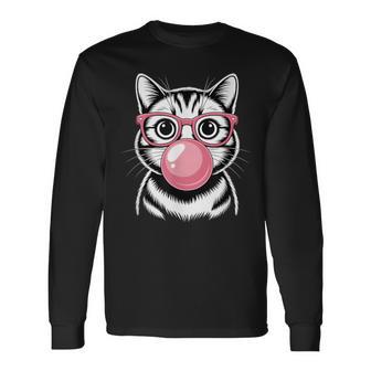 Lustige Katze Bläst Kaugummi Illustration Langarmshirts - Seseable